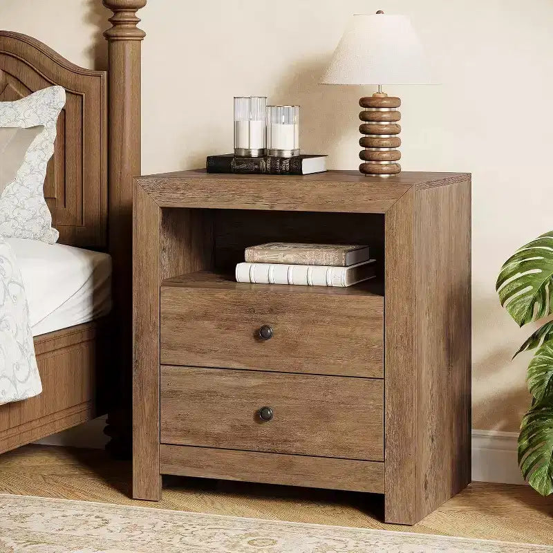 Comodino rustico marrone stile fattoria con 2 cassetti, per 1-2 persone