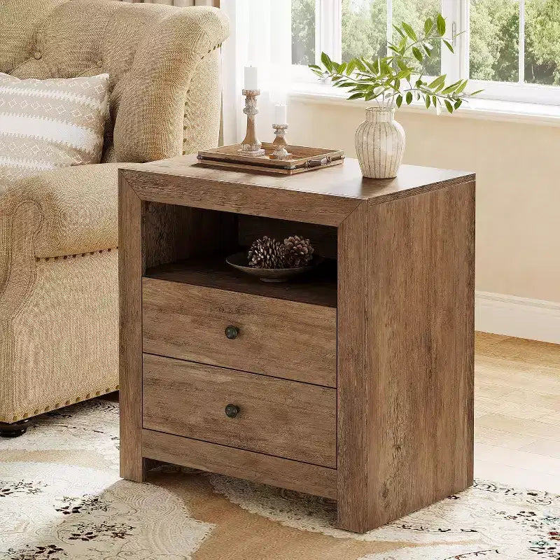Comodino rustico marrone stile fattoria con 2 cassetti, per 1-2 persone