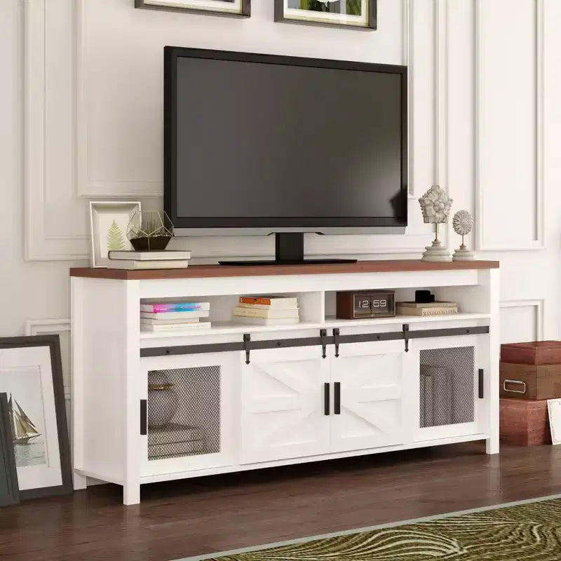 TV Stand, Entertainment Center - Farmhouse Media Console with Sliding Barn Doors & Mesh Doors, Rustic Wood Industrial Storage