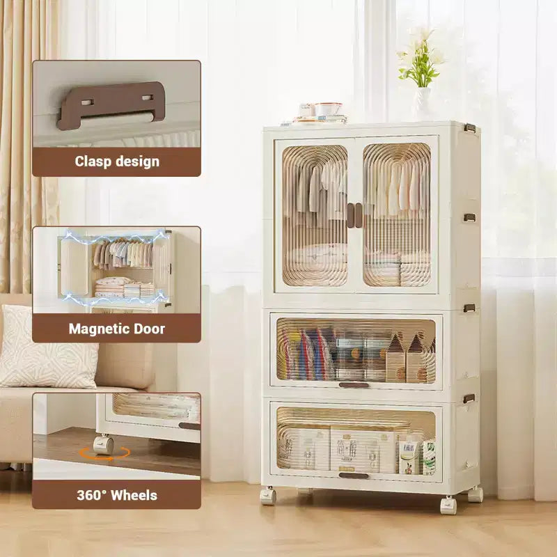 TROPOW 3 Tier Portable Kids Wardrobe Closet with Hanging Rod & Shelves - Foldable Children's Storage Organizer for Clothes, Toys, Books (White)
