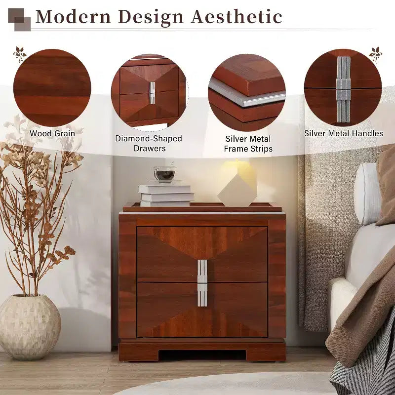 Comodino Mid-Century Modern con 2 Cassetti, Nero/Marrone Scuro/Marrone Chiaro, Set di 2