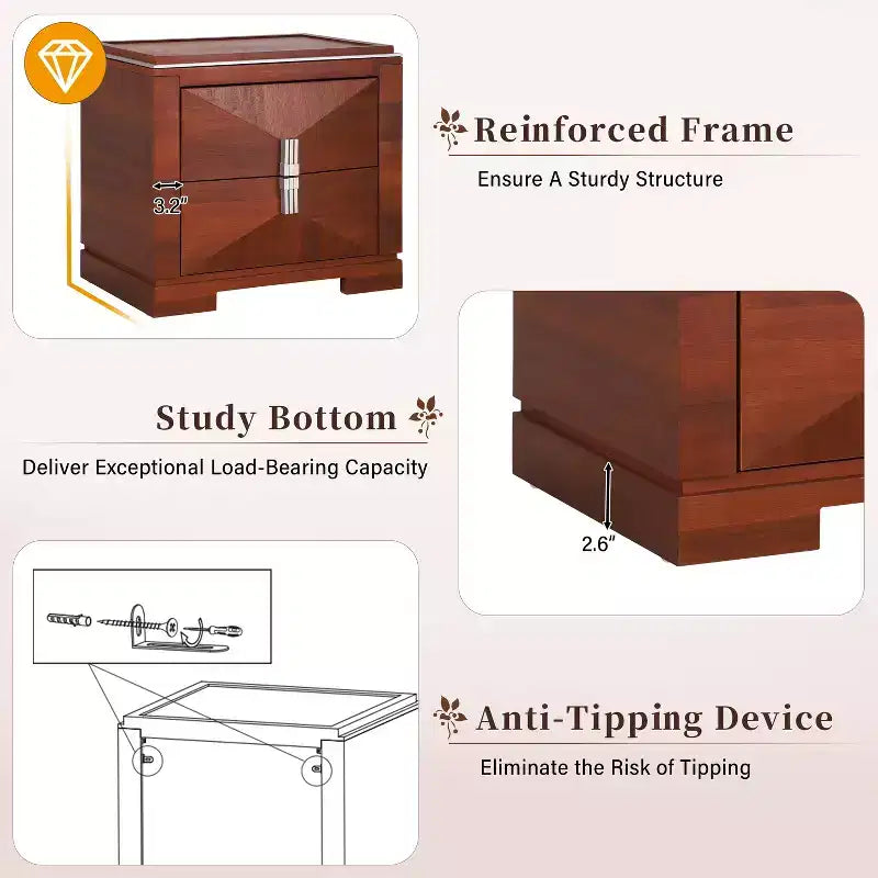 Comodino Mid-Century Modern con 2 Cassetti, Nero/Marrone Scuro/Marrone Chiaro, Set di 2
