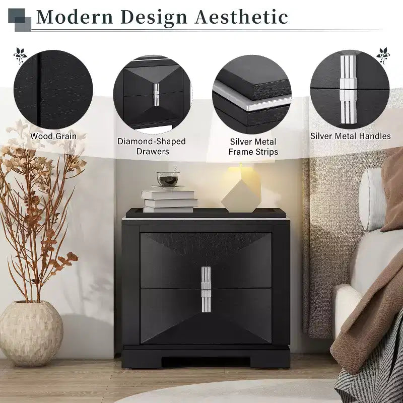 Comodino Mid-Century Modern con 2 Cassetti, Nero/Marrone Scuro/Marrone Chiaro, Set di 2