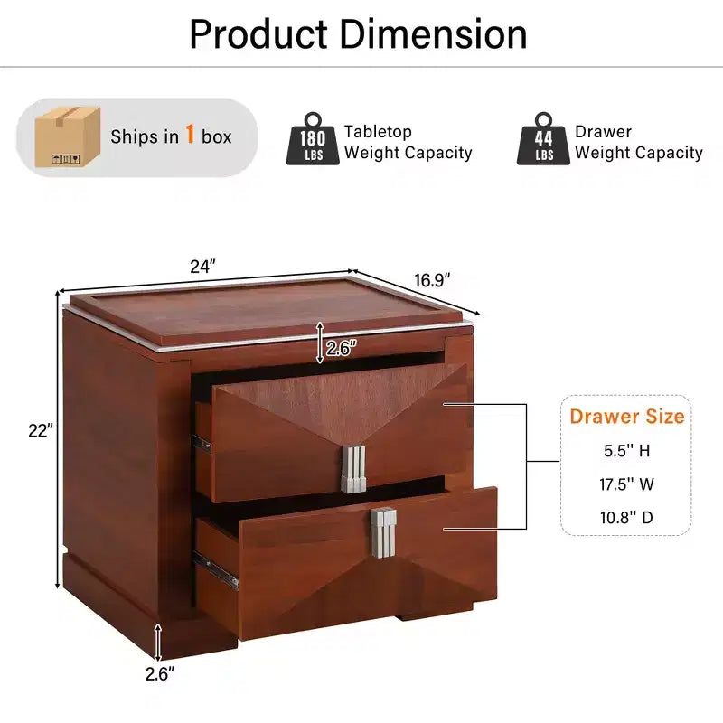 Comodino Mid-Century Modern con 2 Cassetti, Nero/Marrone Scuro/Marrone Chiaro, Set di 2