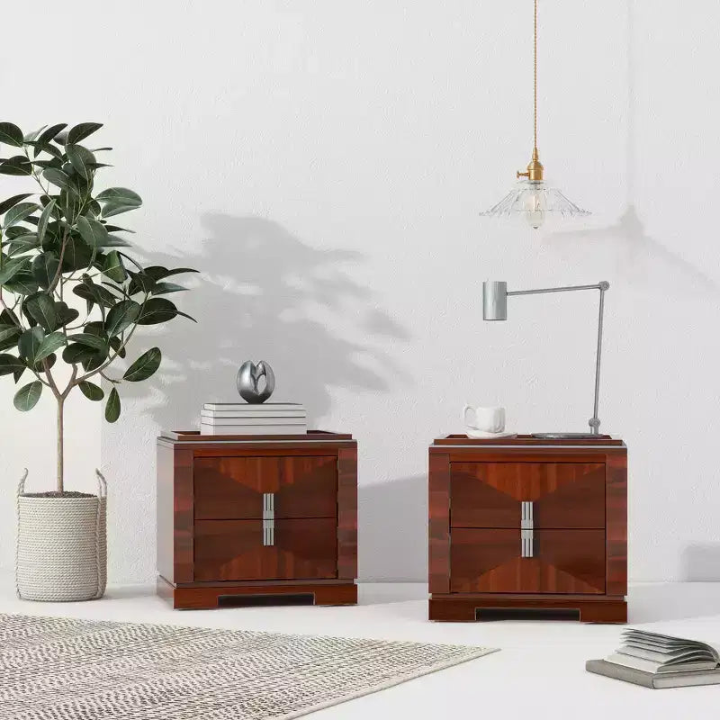Comodino Mid-Century Modern con 2 Cassetti, Nero/Marrone Scuro/Marrone Chiaro, Set di 2