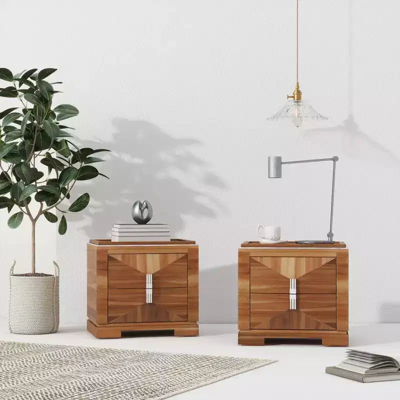 Comodino Mid-Century Modern con 2 Cassetti, Nero/Marrone Scuro/Marrone Chiaro, Set di 2