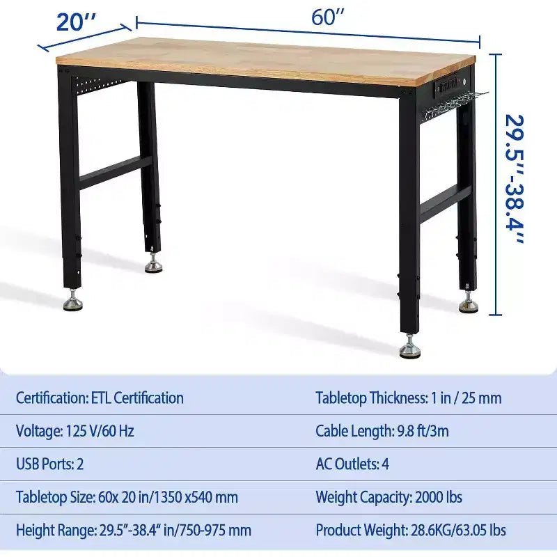 Banco da lavoro regolabile in nero e legno, 60"x20", monoposto