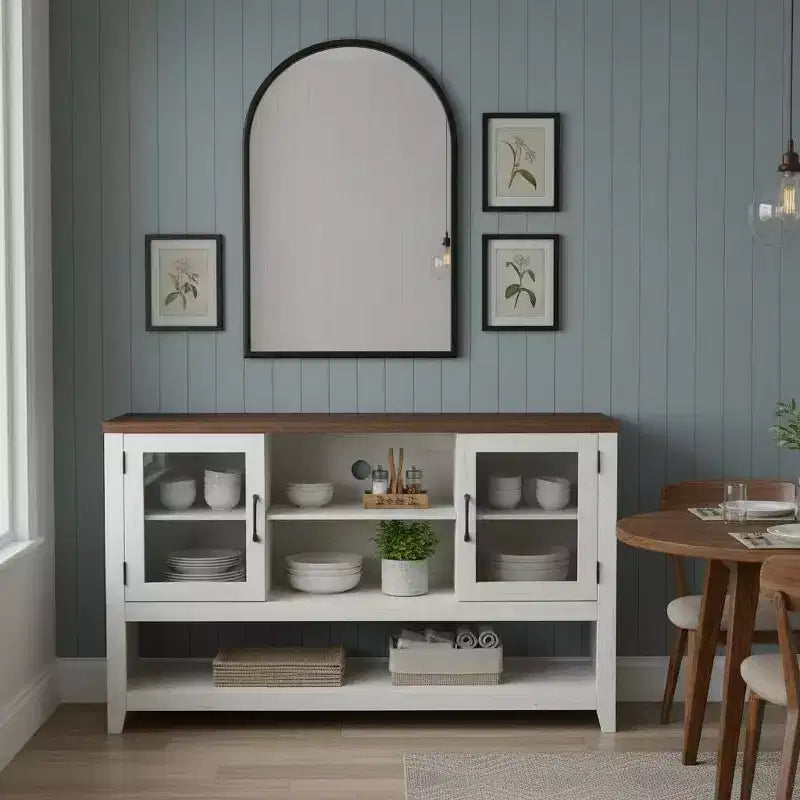 Mobile credenza moderno blu/bianco con 2 ante in vetro e 3 ripiani, unità singola per la casa