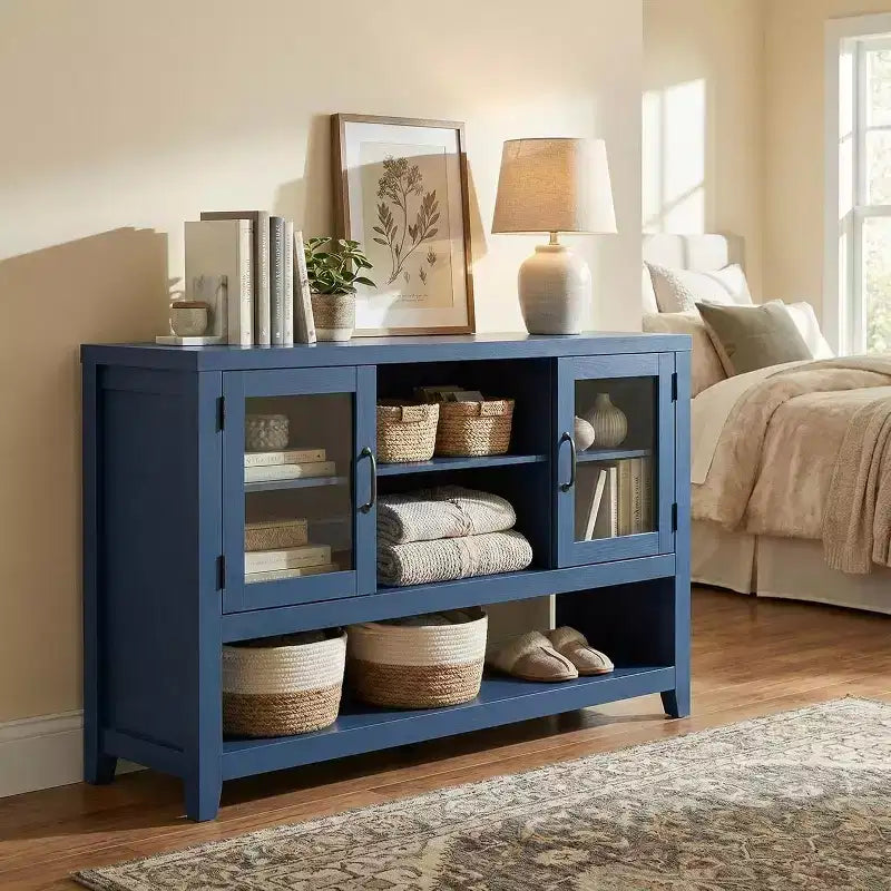 Mobile credenza moderno blu/bianco con 2 ante in vetro e 3 ripiani, unità singola per la casa