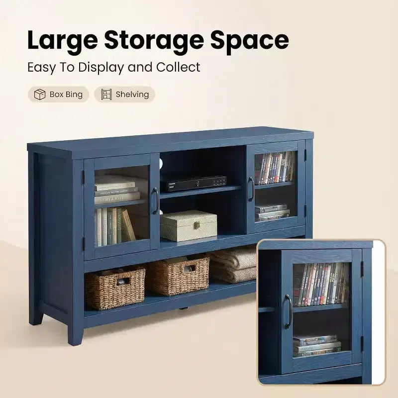 Mobile credenza moderno blu/bianco con 2 ante in vetro e 3 ripiani, unità singola per la casa