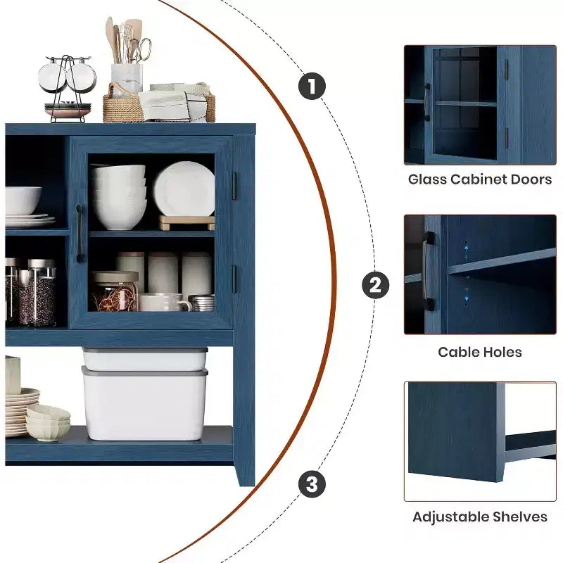 Mobile credenza moderno blu/bianco con 2 ante in vetro e 3 ripiani, unità singola per la casa