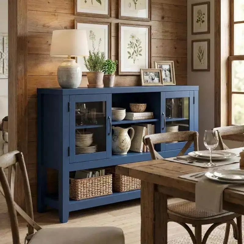 Mobile credenza moderno blu/bianco con 2 ante in vetro e 3 ripiani, unità singola per la casa