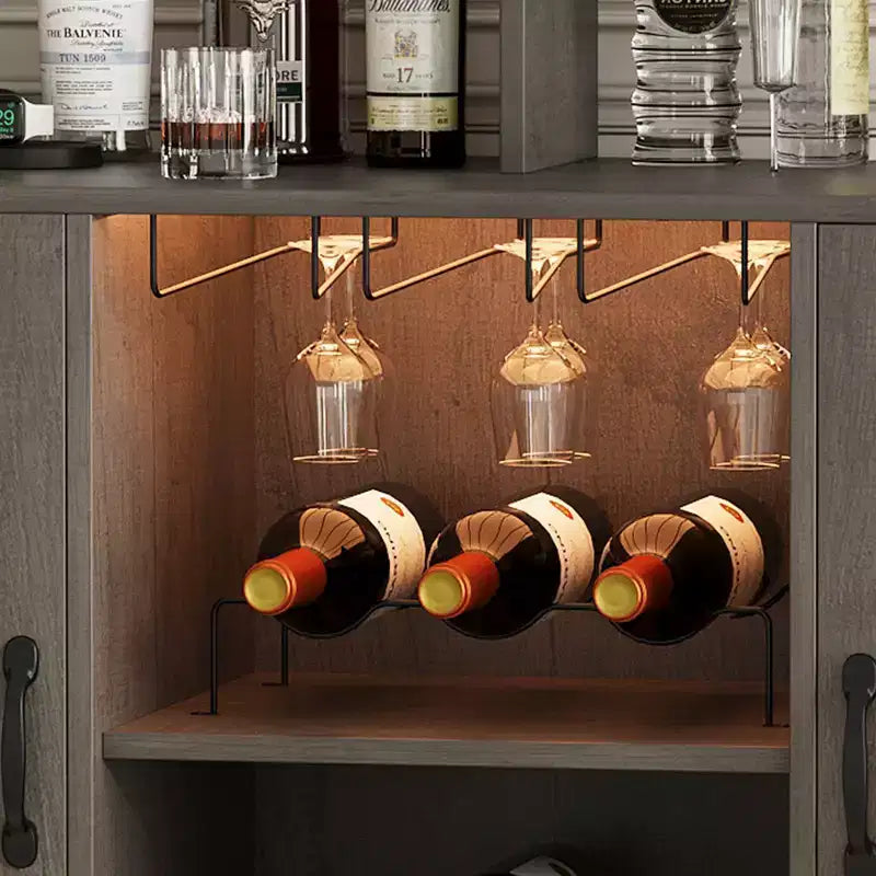 Credenza Nera / Grigio Retrò con Portabottiglie, Portabicchieri e Luci LED, 2 Ante, per 1