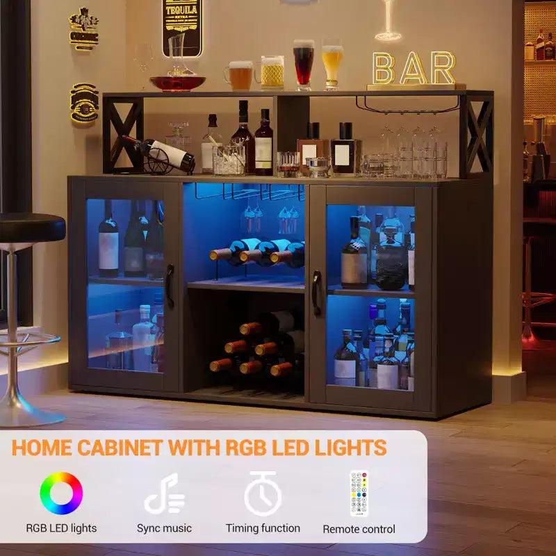 Credenza Nera / Grigio Retrò con Portabottiglie, Portabicchieri e Luci LED, 2 Ante, per 1