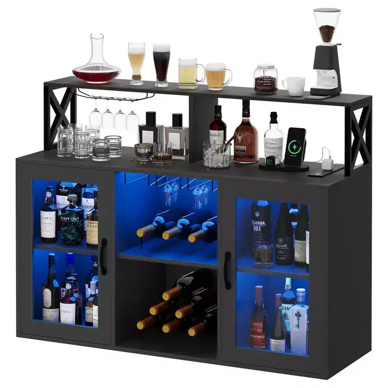 Credenza Nera / Grigio Retrò con Portabottiglie, Portabicchieri e Luci LED, 2 Ante, per 1