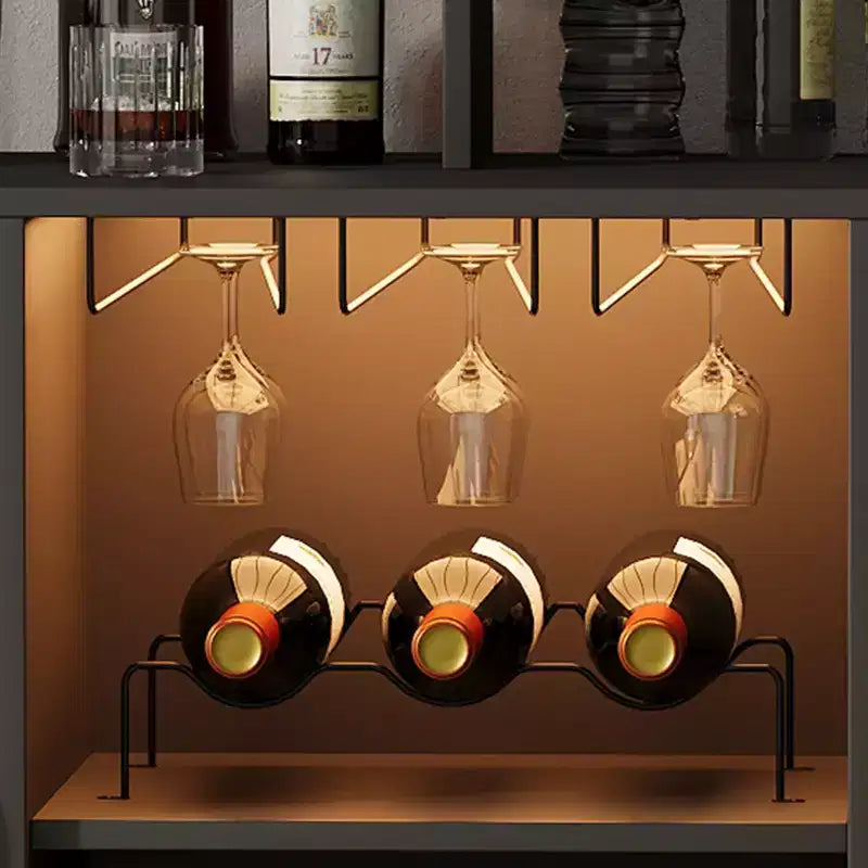 Credenza Nera / Grigio Retrò con Portabottiglie, Portabicchieri e Luci LED, 2 Ante, per 1