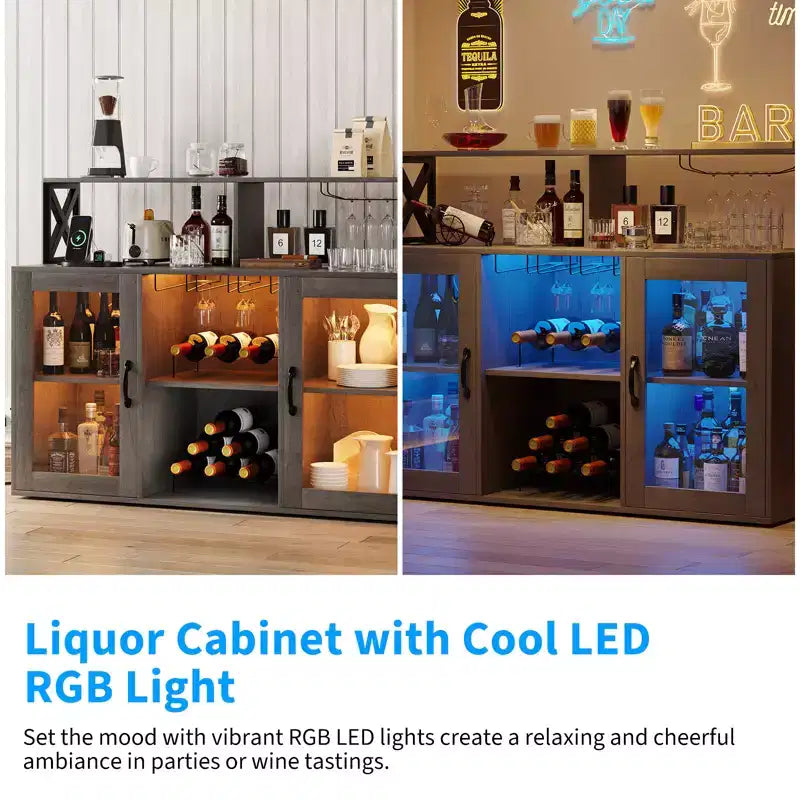Credenza Nera / Grigio Retrò con Portabottiglie, Portabicchieri e Luci LED, 2 Ante, per 1