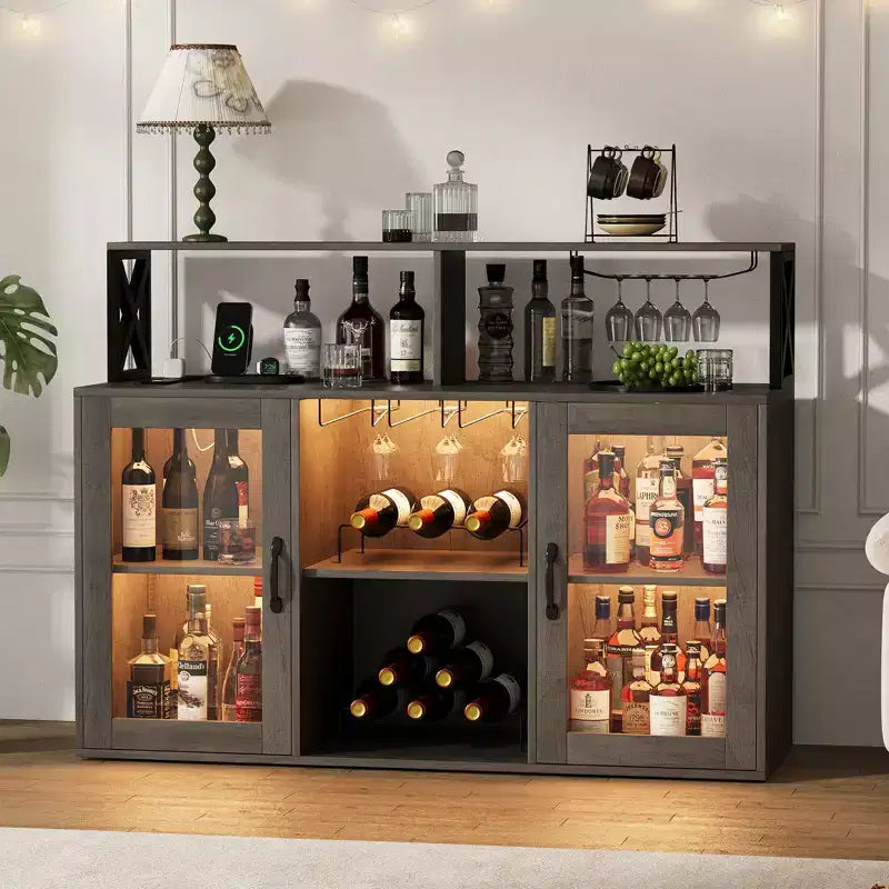 Credenza Nera / Grigio Retrò con Portabottiglie, Portabicchieri e Luci LED, 2 Ante, per 1