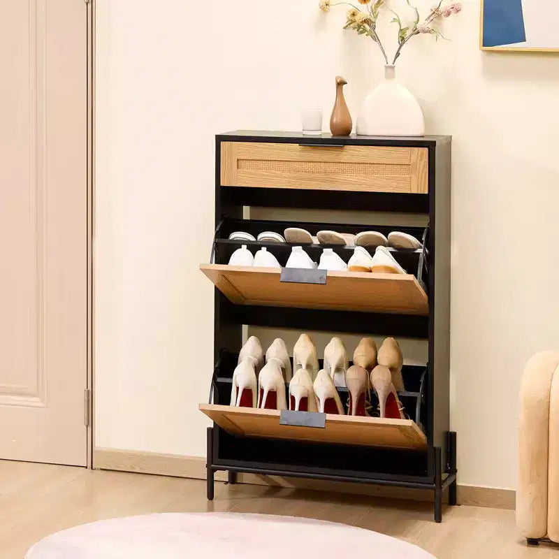 Scarpiera in Rattan Nero con 3 Cassetti, Contiene 12 Paia