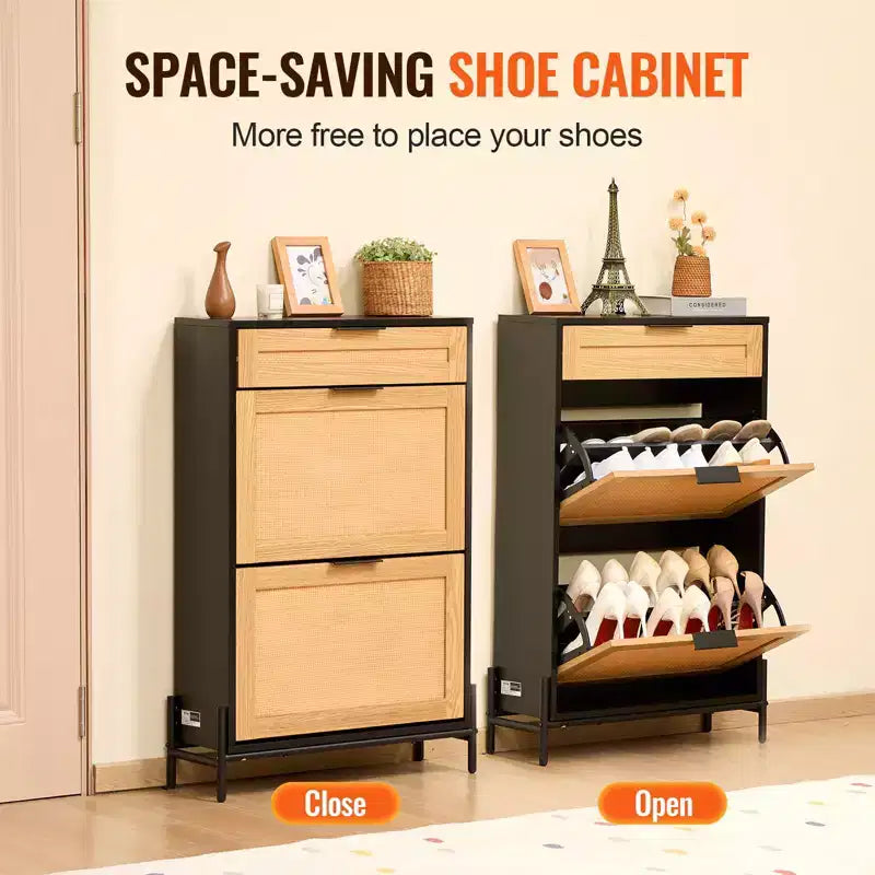 Scarpiera in Rattan Nero con 3 Cassetti, Contiene 12 Paia