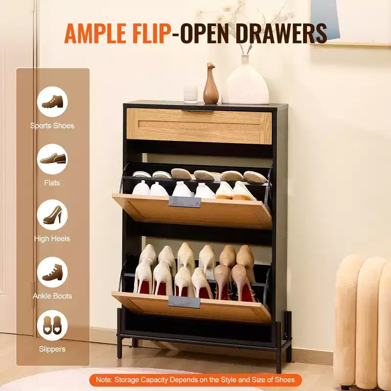 Scarpiera in Rattan Nero con 3 Cassetti, Contiene 12 Paia