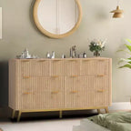 Comò a 7 cassetti scanalato in legno naturale con gambe color oro, utente singolo