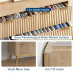 Comò a 7 cassetti scanalato in legno naturale con gambe color oro, utente singolo