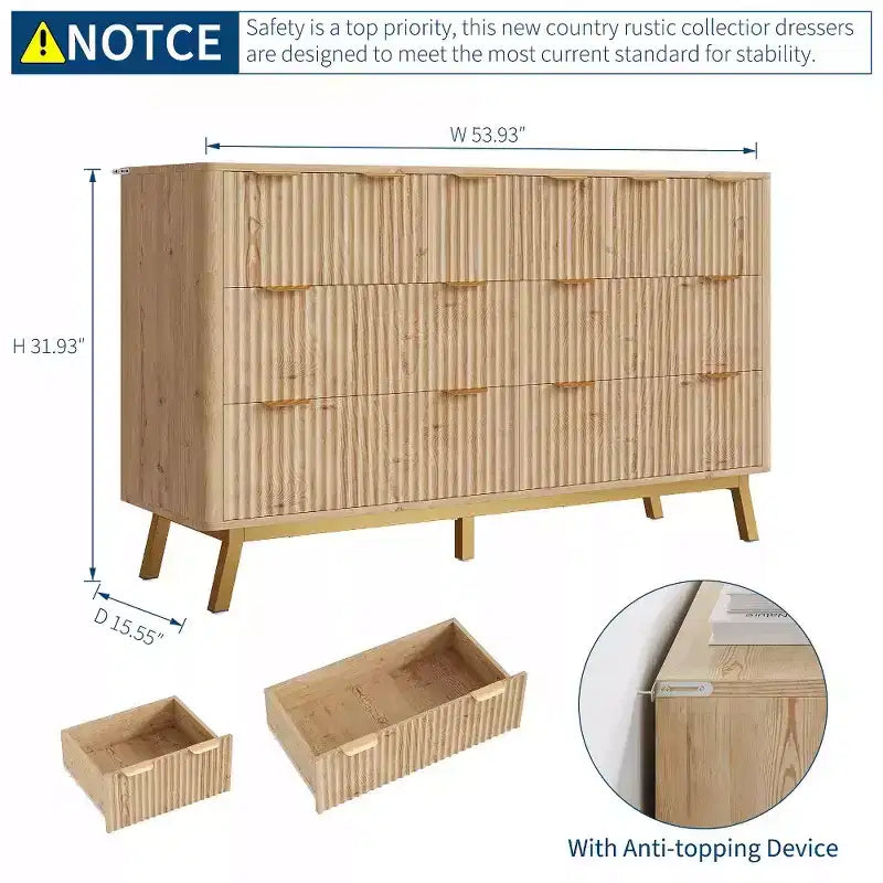 Comò a 7 cassetti scanalato in legno naturale con gambe color oro, utente singolo