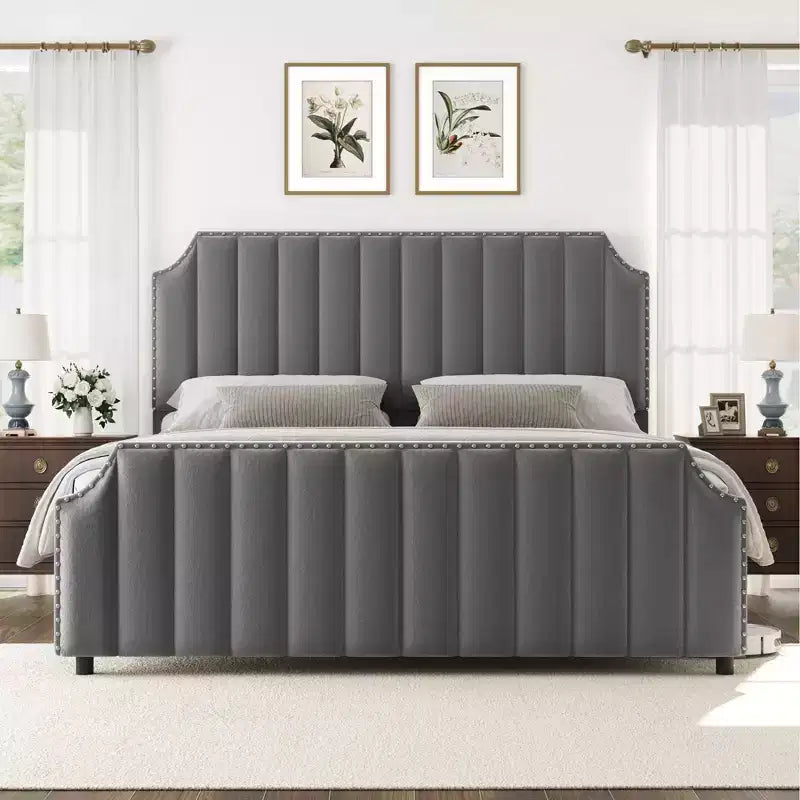 Letto a piattaforma California King in velluto, Beige/Grigio, con motivo a canali, per 1–2 persone