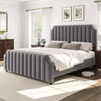 Letto a piattaforma California King in velluto, Beige/Grigio, con motivo a canali, per 1–2 persone