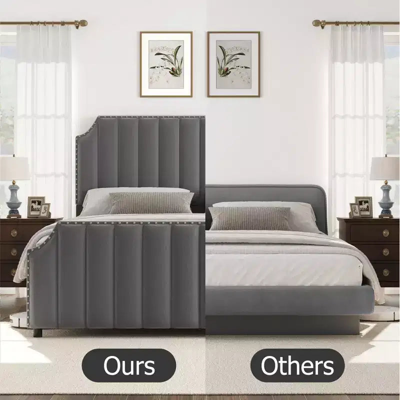 Letto a piattaforma California King in velluto, Beige/Grigio, con motivo a canali, per 1–2 persone