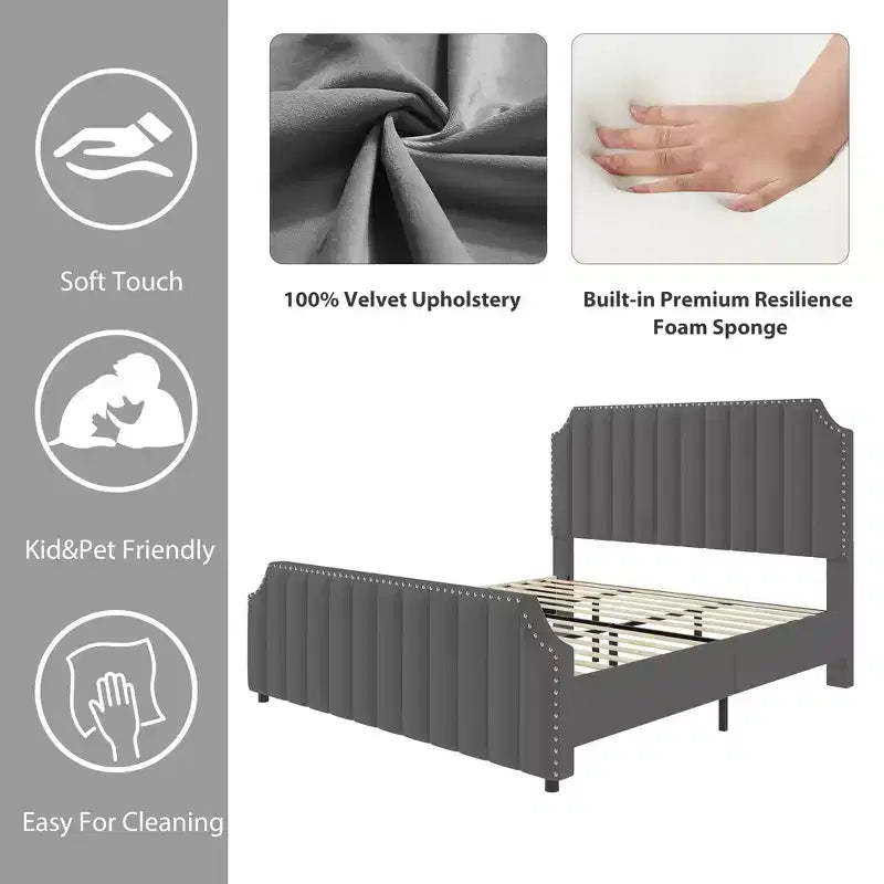 Letto a piattaforma California King in velluto, Beige/Grigio, con motivo a canali, per 1–2 persone