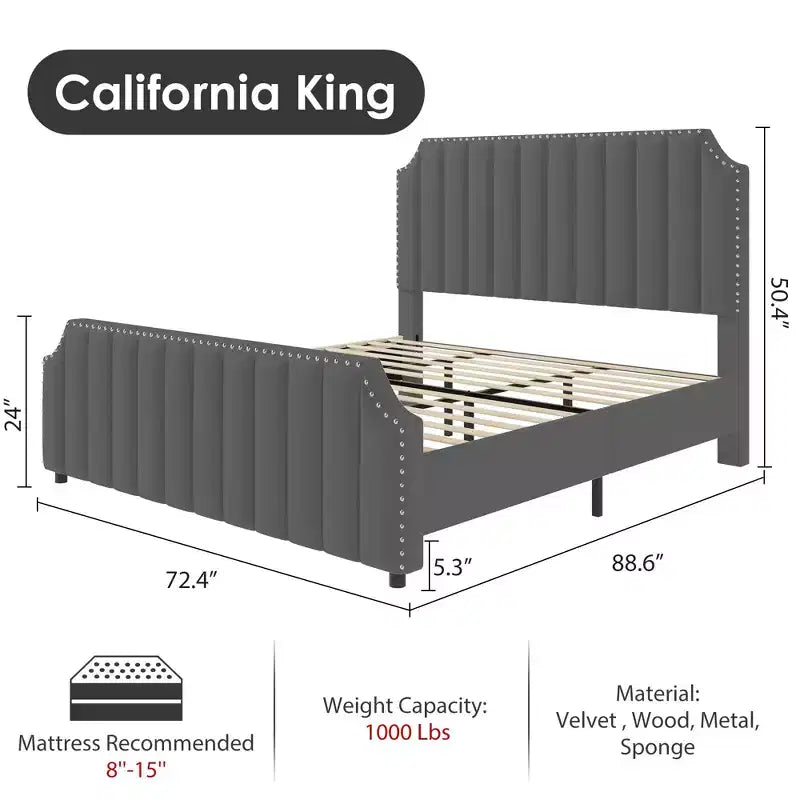 Letto a piattaforma California King in velluto, Beige/Grigio, con motivo a canali, per 1–2 persone