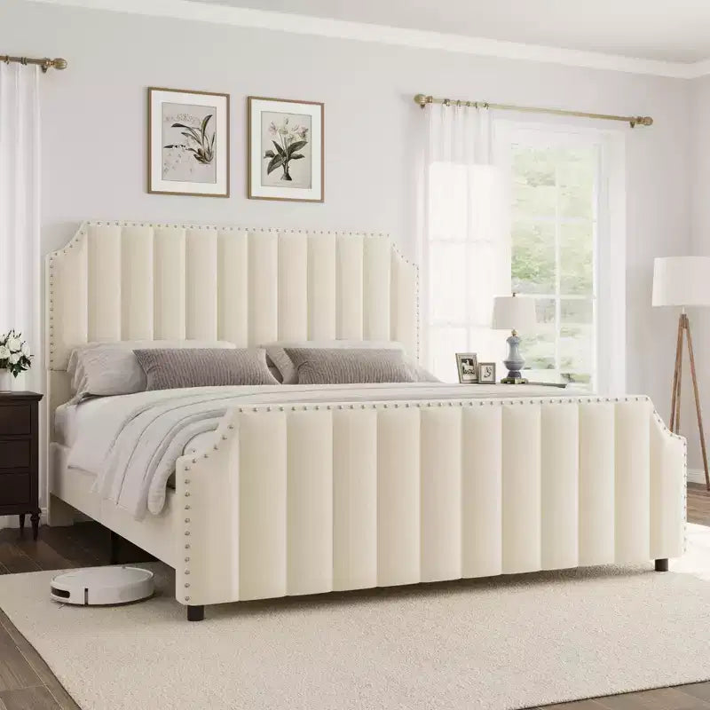 Letto a piattaforma California King in velluto, Beige/Grigio, con motivo a canali, per 1–2 persone