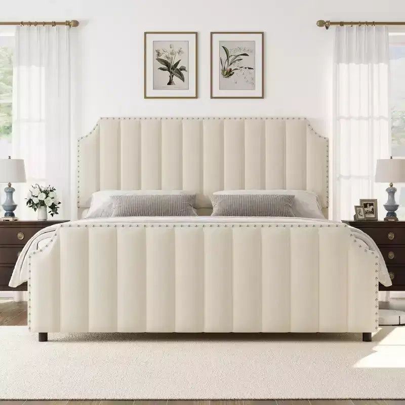 Letto a piattaforma California King in velluto, Beige/Grigio, con motivo a canali, per 1–2 persone