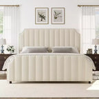 Letto a piattaforma California King in velluto, Beige/Grigio, con motivo a canali, per 1–2 persone