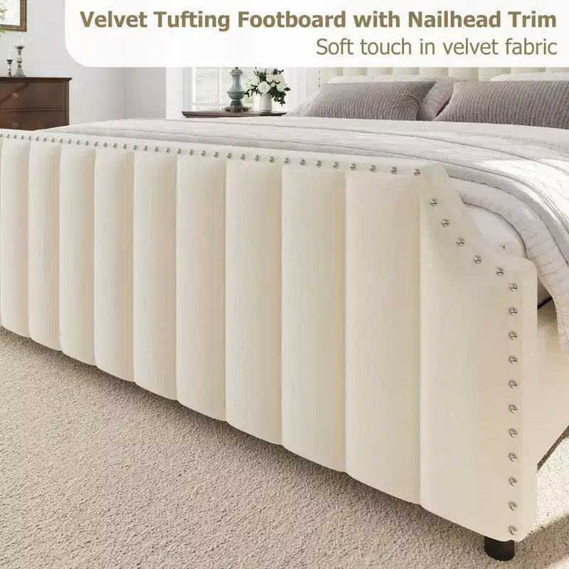 Letto a piattaforma California King in velluto, Beige/Grigio, con motivo a canali, per 1–2 persone