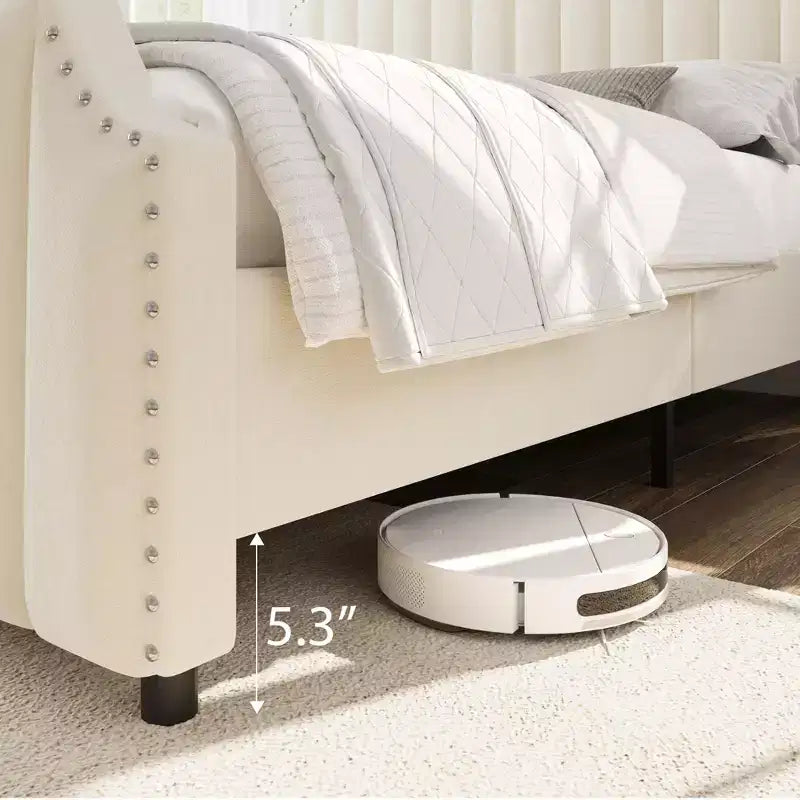 Letto a piattaforma California King in velluto, Beige/Grigio, con motivo a canali, per 1–2 persone