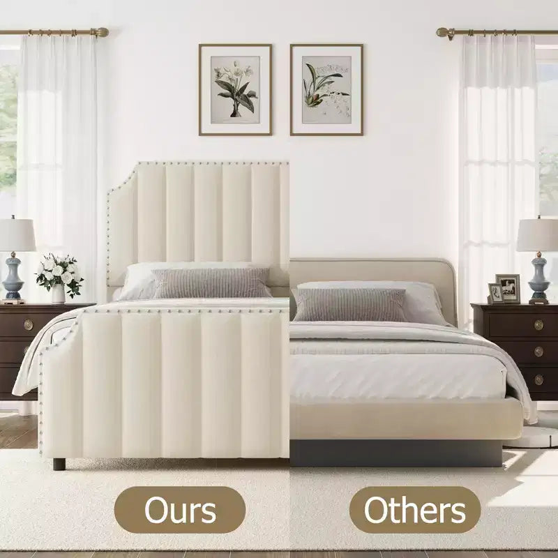 Letto a piattaforma California King in velluto, Beige/Grigio, con motivo a canali, per 1–2 persone