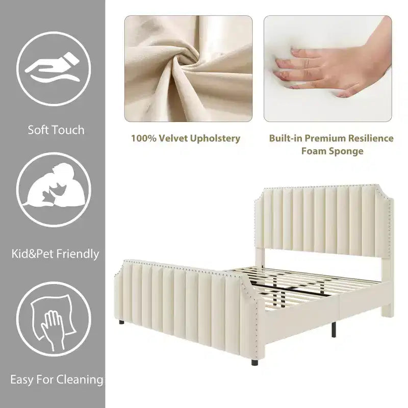 Letto a piattaforma California King in velluto, Beige/Grigio, con motivo a canali, per 1–2 persone