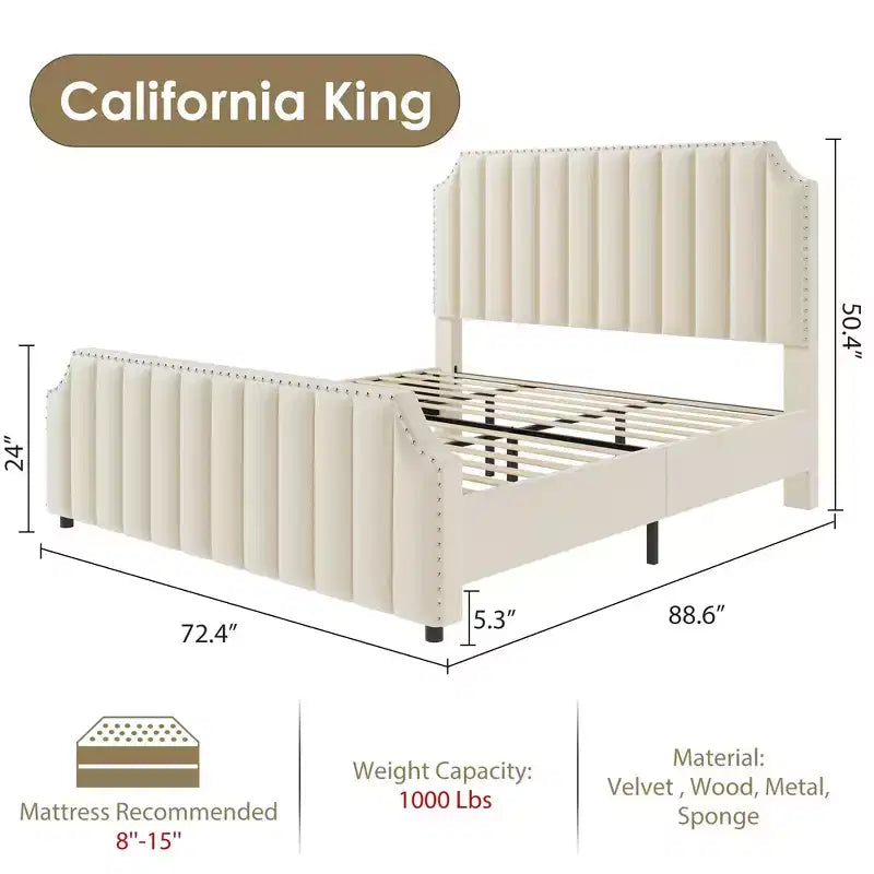 Letto a piattaforma California King in velluto, Beige/Grigio, con motivo a canali, per 1–2 persone
