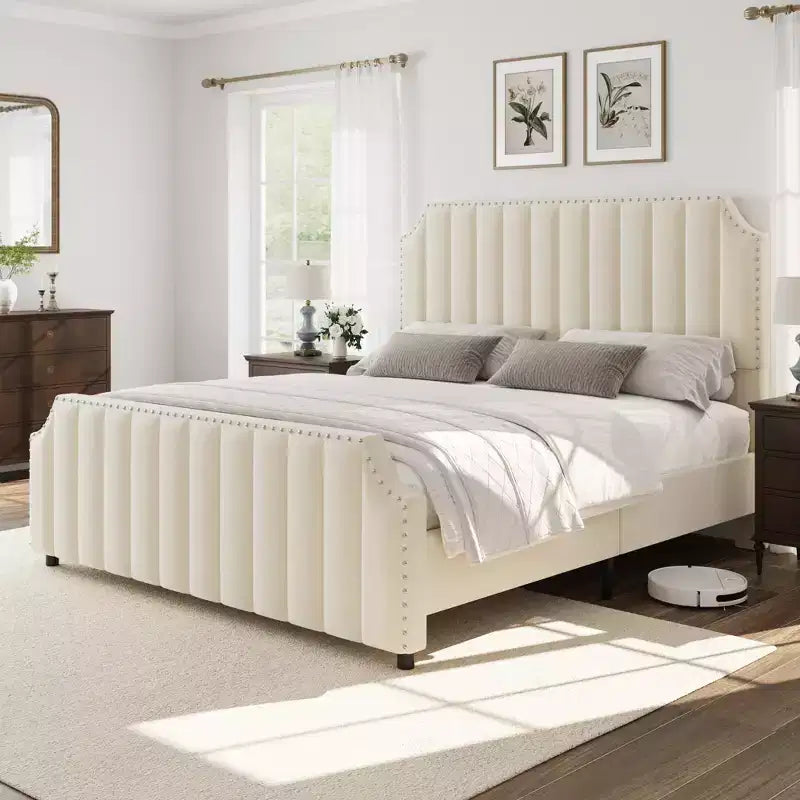 California King Size Platform Bed Frame with 50.2 Tall Headboard, Velvet Upholstered Bed with Vertical Channel Tufted Headboard & Footboard