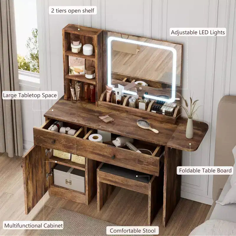 Set Tavolo da Trucco Nero/Marrone/Verde/Rosa con Specchio Illuminato, Sgabello Contenitore e Top Espandibile – 1 Persona