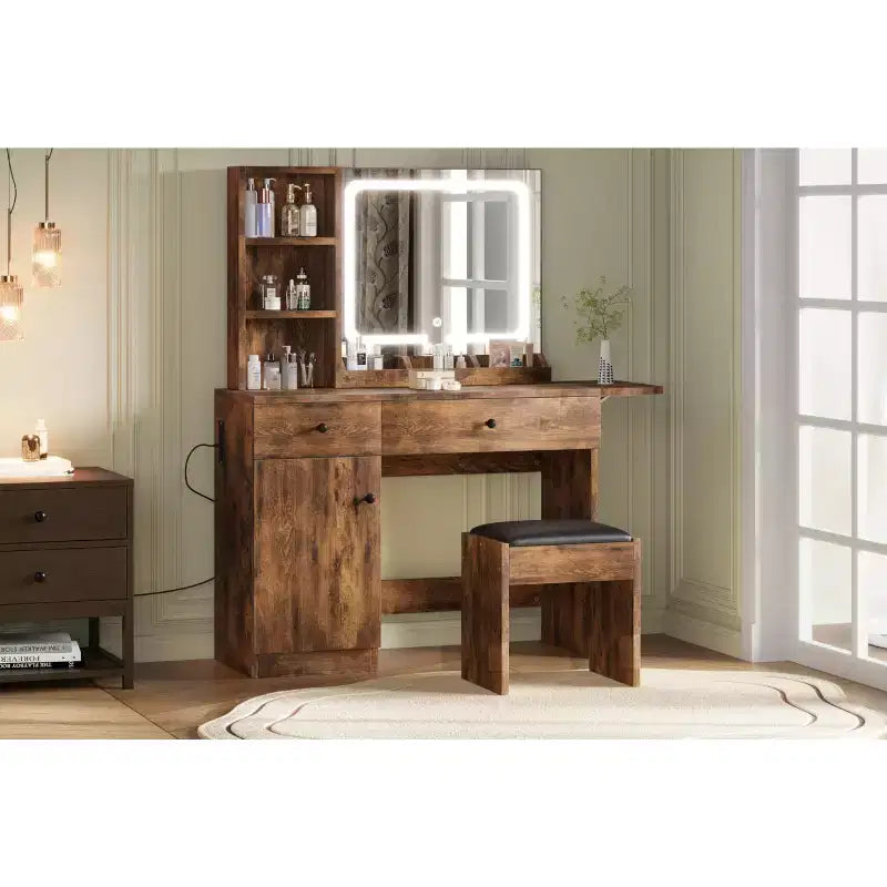 Set Tavolo da Trucco Nero/Marrone/Verde/Rosa con Specchio Illuminato, Sgabello Contenitore e Top Espandibile – 1 Persona