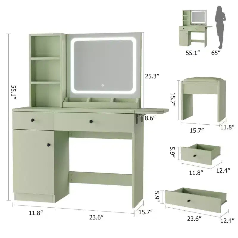 Set Tavolo da Trucco Nero/Marrone/Verde/Rosa con Specchio Illuminato, Sgabello Contenitore e Top Espandibile – 1 Persona