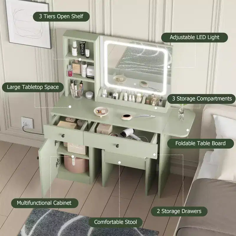 Set Tavolo da Trucco Nero/Marrone/Verde/Rosa con Specchio Illuminato, Sgabello Contenitore e Top Espandibile – 1 Persona