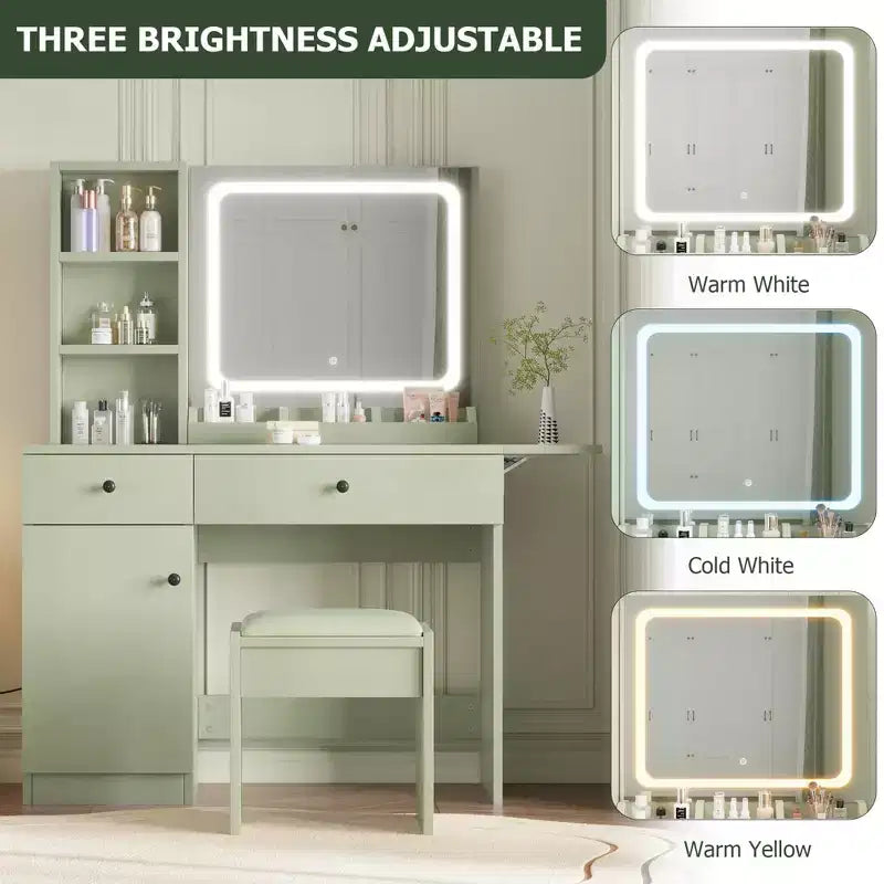 Set Tavolo da Trucco Nero/Marrone/Verde/Rosa con Specchio Illuminato, Sgabello Contenitore e Top Espandibile – 1 Persona