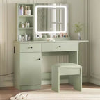 Set Tavolo da Trucco Nero/Marrone/Verde/Rosa con Specchio Illuminato, Sgabello Contenitore e Top Espandibile – 1 Persona