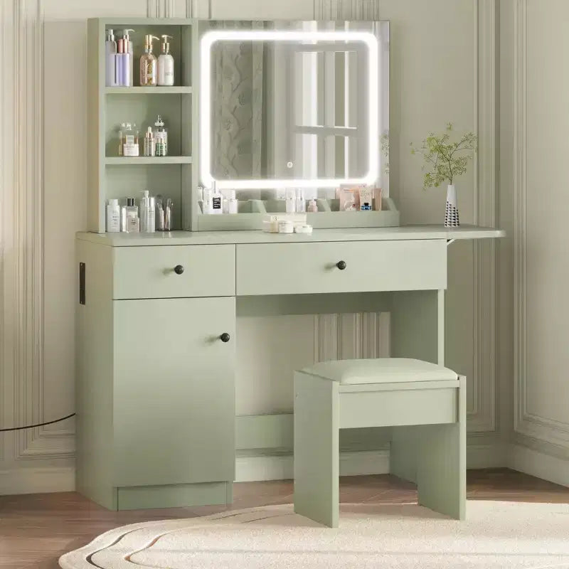 Set Tavolo da Trucco Nero/Marrone/Verde/Rosa con Specchio Illuminato, Sgabello Contenitore e Top Espandibile – 1 Persona