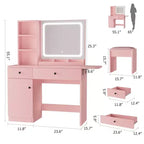 Set Tavolo da Trucco Nero/Marrone/Verde/Rosa con Specchio Illuminato, Sgabello Contenitore e Top Espandibile – 1 Persona